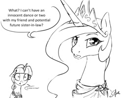 Size: 1280x1024 | Tagged: safe, artist:silfoe, character:princess celestia, character:twilight sparkle, character:twilight sparkle (alicorn), species:alicorn, species:pony, royal sketchbook, episode:make new friends but keep discord, g4, my little pony: friendship is magic, alternate hairstyle, clothing, dialogue, dress, female, grayscale, implied twiluna, looking at you, mare, monochrome, sketch, speech bubble