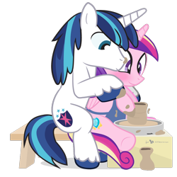 Size: 920x920 | Tagged: safe, artist:dm29, character:princess cadance, character:shining armor, ship:shiningcadance, blushing, ceramics, clay, female, julian yeo is trying to murder us, male, pottery, pottery wheel, shipping, simple background, straight, transparent background, unchained melody