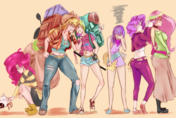 Size: 2500x1682 | Tagged: safe, artist:sundown, character:applejack, character:fluttershy, character:pinkie pie, character:rainbow dash, character:rarity, character:twilight sparkle, species:crab, species:human, angry, applejack's hat, backpack, belly button, belt, blushing, boots, choker, clothing, converse, cowboy hat, dance party, dress, eyes closed, facepalm, female, floral head wreath, get, glare, gritted teeth, hat, hermit crab, horned humanization, humanized, index get, jacket, line-up, long skirt, looking at each other, mane six, map, midriff, milestone, pants, poking, shirt, shoes, shorts, simple background, skinny, skirt, smiling, sword, torn clothes, weapon, winged humanization, x00000 milestone