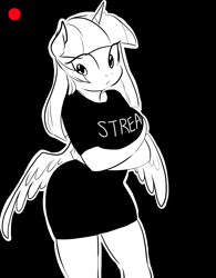 Size: 781x1000 | Tagged: safe, artist:glacierclear, character:twilight sparkle, character:twilight sparkle (alicorn), species:alicorn, species:anthro, :<, breasts, busty twilight sparkle, clothing, crossed arms, female, livestream, monochrome, shirt, solo