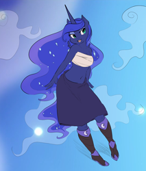 Size: 1280x1504 | Tagged: safe, artist:deeriojim, artist:glacierclear, artist:glacierclear edits, edit, character:princess luna, species:alicorn, species:anthro, species:pony, species:unguligrade anthro, bandeau, belly button, breast binding, clothing, color edit, female, midriff, open mouth, skirt, solo