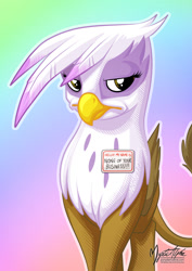 Size: 955x1351 | Tagged: safe, artist:mysticalpha, character:gilda, species:griffon, episode:the lost treasure of griffonstone, g4, my little pony: friendship is magic, cute, female, frown, gilda is not amused, gildadorable, lidded eyes, looking at you, name tag, solo, that was fast, unamused