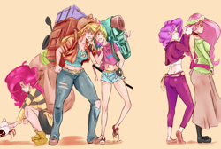 Size: 2500x1682 | Tagged: safe, artist:sundown, edit, character:applejack, character:fluttershy, character:pinkie pie, character:rainbow dash, character:rarity, species:crab, species:human, angry, backpack, belly button, blushing, choker, clothing, converse, dress, glare, gritted teeth, horned humanization, humanized, midriff, op is a duck, op is trying to start shit, shorts, skinny, smiling, sword, torn clothes, weapon, winged humanization