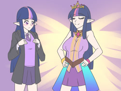 Size: 1316x987 | Tagged: safe, artist:jonfawkes, character:twilight sparkle, species:human, ascension enhancement, blushing, breast envy, breasts, busty twilight sparkle, clothing, duality, elf ears, eyes closed, female, frown, headcanon, humanized, jacket, miniskirt, necktie, new crown, school uniform, schoolgirl, self paradox, shirt, skirt, smiling, sweater vest, unicorns as elves, vest, wide eyes