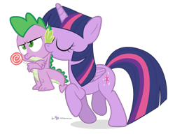 Size: 900x690 | Tagged: safe, artist:dm29, character:spike, character:twilight sparkle, character:twilight sparkle (alicorn), species:alicorn, species:pony, behaving like a cat, carrying, duo, female, lollipop, mama twilight, mare, mothers gonna mother, mouth hold, scruff, simple background, spike is not amused, transparent background, trotting