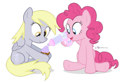 Size: 990x660 | Tagged: safe, artist:dm29, character:derpy hooves, character:pinkie pie, species:pegasus, species:pony, cupcake, duo, female, frosting, frosting gun, mare, muffin, simple background, transparent background