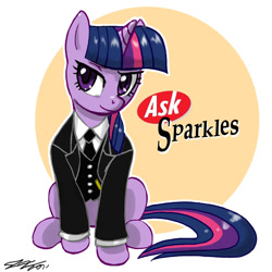 Size: 900x900 | Tagged: safe, artist:johnjoseco, character:twilight sparkle, species:pony, species:unicorn, ask jeeves, butler, clothing, female, gentlepony's personal gentlepony, jeeves, mare, necktie, parody, servant, sitting, smiling, solo, suit, valet