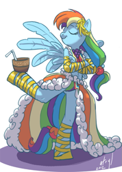 Size: 533x750 | Tagged: safe, artist:atryl, character:rainbow dash, species:anthro, species:pegasus, species:pony, species:unguligrade anthro, balancing, belly button, clothing, dress, eyes closed, female, gala dress, grand galloping gala, midriff, panties, rainbow underwear, simple background, solo, striped underwear, underwear, white background