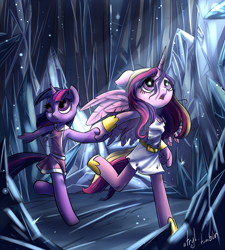 Size: 1797x2000 | Tagged: safe, artist:atryl, character:princess cadance, character:twilight sparkle, species:alicorn, species:anthro, species:pony, species:unguligrade anthro, species:unicorn, anatomically incorrect, armpits, clothing, crystal caverns, dress, duo, female, hooves, incorrect leg anatomy, running, scene interpretation