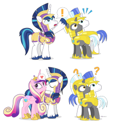 Size: 1000x1074 | Tagged: safe, artist:dm29, character:princess cadance, character:shining armor, ship:shiningcadance, cute, dialogue, distraction, exclamation point, eyes closed, female, frown, heart, kissing, looking back, male, open mouth, pointing, question mark, royal guard, shipping, simple background, smiling, speech bubble, straight, transparent background, wide eyes