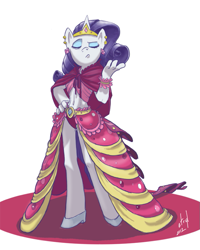 Size: 681x850 | Tagged: safe, artist:atryl, character:rarity, species:anthro, species:pony, species:unguligrade anthro, species:unicorn, belly button, clothing, dress, ear piercing, earring, eyes closed, female, gala dress, glass slipper, high heels, jewelry, midriff, panties, piercing, pink underwear, shoes, smug, solo, underwear