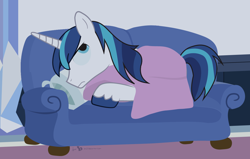 Size: 1256x800 | Tagged: safe, artist:dm29, character:shining armor, blanket, couch, irritated, male, solo