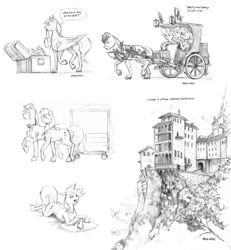 Size: 1132x1223 | Tagged: safe, artist:baron engel, oc, oc only, oc:carousel, oc:petina, oc:sky brush, canterlot, cart, flirting, monochrome, pencil drawing, scenery porn, story in the source, traditional art