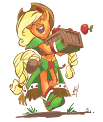 Size: 507x600 | Tagged: safe, artist:atryl, character:applejack, species:anthro, species:earth pony, species:pony, species:unguligrade anthro, apple, belly button, box, brown underwear, carrying, clothing, dress, eyes closed, female, gala dress, happy, midriff, panties, solo, underwear