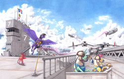 Size: 1911x1216 | Tagged: safe, artist:baron engel, oc, oc only, species:pegasus, species:pony, species:unicorn, aircraft, aircraft carrier, airship, cloud, cloudy, pencil drawing, plane, roan rpg, steampunk, traditional art