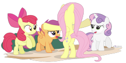 Size: 910x455 | Tagged: safe, artist:dm29, character:apple bloom, character:fluttershy, character:scootaloo, character:sweetie belle, species:pegasus, species:pony, species:unicorn, angry, bipedal, blank flank, cutie mark crusaders, derp, female, filly, frown, glare, hooves out, jurassic world, mare, open mouth, parody, prattkeeping, raised hoof, rearing, simple background, smiling, smirk, spread wings, transparent background, velociraptor, wat, wings