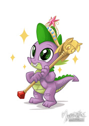Size: 672x950 | Tagged: safe, artist:mysticalpha, character:spike, species:dragon, episode:princess spike, g4, my little pony: friendship is magic, accessory swap, baby, baby dragon, big crown thingy, crown, cute, grin, jewelry, male, regalia, signature, simple background, smiling, solo, sparkles, spikabetes, squee, that was fast, twilight scepter, white background