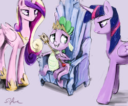 Size: 1280x1067 | Tagged: safe, artist:silfoe, character:princess cadance, character:spike, character:twilight sparkle, character:twilight sparkle (alicorn), species:alicorn, species:pony, royal sketchbook, episode:princess spike, g4, my little pony: friendship is magic, female, frown, grin, mare, nervous, new crown, sitting, smiling, throne, twilight scepter, unamused