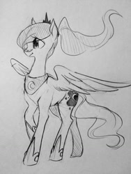 Size: 960x1280 | Tagged: safe, artist:askcminus, artist:glacierclear, character:princess luna, alternate hairstyle, cute, female, monochrome, ponytail, sketch, solo, spread wings, traditional art, wings