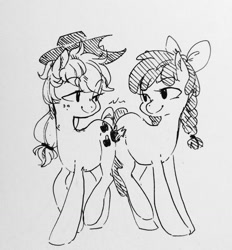 Size: 1188x1280 | Tagged: safe, artist:glacierclear, character:apple bloom, character:applejack, butt bump, butt to butt, butt touch, monochrome, older, traditional art