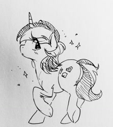 Size: 1139x1280 | Tagged: safe, artist:glacierclear, character:amethyst star, character:sparkler, female, looking back, monochrome, plot, raised hoof, sketch, solo, traditional art