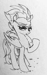 Size: 812x1280 | Tagged: safe, artist:glacierclear, character:spitfire, female, frown, monochrome, raised hoof, sketch, solo, sunglasses, traditional art