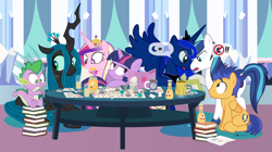 Size: 1230x690 | Tagged: safe, artist:dm29, character:flash sentry, character:princess cadance, character:princess luna, character:queen chrysalis, character:shining armor, character:spike, character:twilight sparkle, species:alicorn, species:changeling, species:dragon, species:pegasus, species:pony, species:unicorn, apple juice, argument, baby, baby dragon, book, changeling queen, cider, coffee, crystal empire, cute, diasentres, drink, dungeons and dragons, female, go-karting with bowser, juice, male, ogres and oubliettes, orange juice, sitting, spikabetes, tabletop gaming, twilight is not amused, unamused
