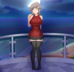 Size: 1280x1243 | Tagged: safe, artist:jonfawkes, oc, oc only, oc:reppy, species:human, beach, big breasts, breasts, clothing, female, high heels, humanized, humanized oc, looking at you, moon, night, ocean, skirt, sleeveless sweater, smiling, socks, solo, sweater, thigh highs