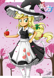 Size: 865x1242 | Tagged: safe, artist:the-butch-x, character:applejack, my little pony:equestria girls, apple, female, kirisame marisa, looking at you, solo, touhou, witch