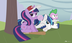 Size: 1500x900 | Tagged: safe, artist:dm29, character:shining armor, character:spike, character:twilight sparkle, species:dragon, species:pony, species:unicorn, baseball, baseball bat, baseball cap, brother and sister, bubblegum, clothing, female, hat, home run, male, mare, ponytail, rain, sparkle siblings, stallion, trio
