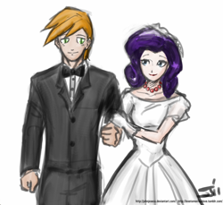 Size: 800x733 | Tagged: safe, artist:johnjoseco, artist:michos, character:big mcintosh, character:rarity, species:human, ship:rarimac, clothing, dress, female, humanized, male, marriage, shipping, simple background, straight, wedding, wedding dress, white background