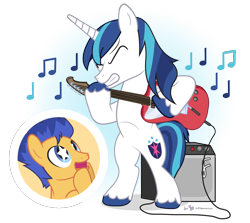 Size: 1110x990 | Tagged: safe, artist:dm29, character:flash sentry, character:shining armor, amplifier, cute, diasentres, duo, electric guitar, fanboy, guitar, simple background, starry eyes, transparent background
