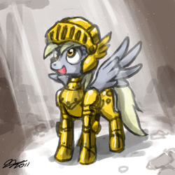 Size: 900x900 | Tagged: safe, artist:johnjoseco, character:derpy hooves, species:pegasus, species:pony, armor, crepuscular rays, crossover, epic derpy, fantasy class, female, gil, gilgamesh, knight, mare, nightmare of druaga, open mouth, smiling, solo, spread wings, tower of druaga, warrior, wings