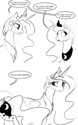 Size: 1280x2048 | Tagged: safe, artist:silfoe, character:princess celestia, character:princess luna, royal sketchbook, dialogue, floppy ears, frown, grayscale, monochrome, open mouth, sad, sketch, smiling, speech bubble, woobie