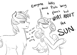 Size: 1280x904 | Tagged: safe, artist:glacierclear, character:princess cadance, character:shining armor, angry, dialogue, faec, monochrome, open mouth, pluto (planet), princess bitchdance, princess cadense, sketch, too dumb to live, yelling