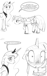 Size: 1280x2048 | Tagged: safe, artist:silfoe, character:princess luna, character:twilight sparkle, character:twilight sparkle (alicorn), species:alicorn, species:pony, royal sketchbook, ship:twiluna, bedroom eyes, blushing, clothing, dialogue, female, floppy ears, frown, grayscale, lesbian, looking back, mare, monochrome, puppy dog eyes, sad, shipping, sketch, slippers, socks, speech bubble, wide eyes