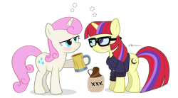 Size: 1000x550 | Tagged: safe, artist:dm29, character:moondancer, character:twinkleshine, species:pony, species:unicorn, background pony, blushing, derp, drinking, drunk, duo, female, mare, moonshine, pun, simple background, tipsy, transparent background, visual gag