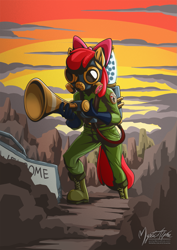 Size: 955x1351 | Tagged: safe, artist:mysticalpha, character:apple bloom, species:anthro, species:plantigrade anthro, female, gas mask, mask, pest control gear, solo, twitbuster apple bloom, twittermite