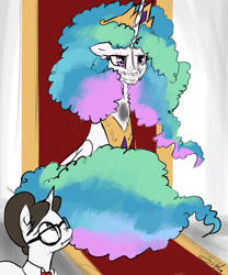 Size: 1280x1536 | Tagged: safe, artist:silfoe, character:princess celestia, character:raven inkwell, royal sketchbook, :i, :t, afro, body writing, boop, celestia is not amused, censorship, face doodle, floppy ears, frizzy hair, frolestia, frown, nose wrinkle, sitting, throne, unamused, wide eyes