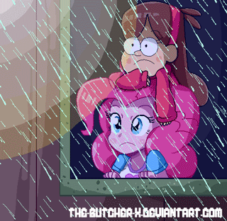 Size: 320x312 | Tagged: safe, artist:the-butch-x, character:pinkie pie, my little pony:equestria girls, animated, blinking, clothing, crossover, cute, diapinkes, disney, female, frown, gravity falls, lightning, mabel pines, rain, shirt