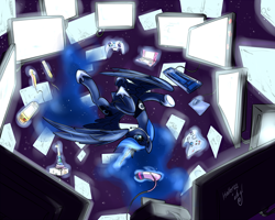 Size: 1500x1200 | Tagged: safe, artist:atryl, character:princess luna, species:alicorn, species:pony, gamer luna, controller, female, solo, space
