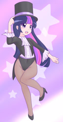 Size: 1280x2474 | Tagged: safe, artist:jonfawkes, character:twilight sparkle, species:human, clothing, commission, female, hat, high heels, humanized, leotard, magician, magician outfit, pantyhose, patreon, purple, solo, stars, top hat, tuxedo