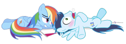 Size: 1000x350 | Tagged: safe, artist:dm29, character:rainbow dash, character:soarin', ship:soarindash, exhausted, female, flag, male, on back, panting, pennant, prone, shipping, simple background, straight, sweat, tired, transparent background