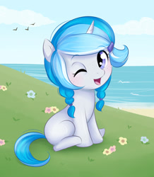 Size: 2731x3126 | Tagged: safe, artist:askbubblelee, oc, oc only, oc:bubble lee, species:pony, species:unicorn, adorable face, beach, blank flank, cute, female, filly, ocbetes, pigtails, solo, wink, younger