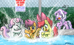 Size: 1300x786 | Tagged: safe, artist:johnjoseco, character:apple bloom, character:diamond tiara, character:scootaloo, character:sweetie belle, species:pegasus, species:pony, cutie mark crusaders, swimming, swimming pool, wet mane