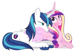 Size: 800x550 | Tagged: safe, artist:dm29, character:princess cadance, character:shining armor, ship:shiningcadance, bedroom eyes, biting, blushing, cute, cutedance, female, grin, julian yeo is trying to murder us, male, preening, prone, shining adorable, shipping, simple background, smiling, straight, transparent background, vector, wide eyes, wing bite, wingboner