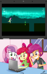Size: 1458x2322 | Tagged: safe, artist:the-butch-x, edit, character:apple bloom, character:cheerilee, character:scootaloo, character:sweetie belle, species:pegasus, species:pony, my little pony:equestria girls, computer, crusaders on laptop meme, cutie mark crusaders, exploitable meme, laptop computer, melody's escape, meme, scootaloo will show us games to play, video game, youtube link