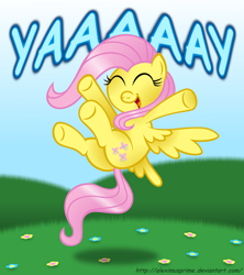 Size: 1024x1151 | Tagged: safe, artist:aleximusprime, character:fluttershy, cheering, comic sans, cute, eyes closed, female, flying, happy, jumping, open mouth, plot, shyabetes, smiling, solo, spread wings, text, underhoof, wings, yay