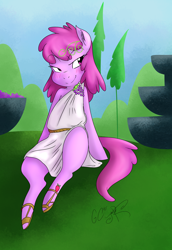 Size: 1372x2000 | Tagged: safe, artist:glacierclear, artist:jorobro, character:berry punch, character:berryshine, bedroom eyes, blushing, clothing, female, greek, sandals, smiling, solo, toga