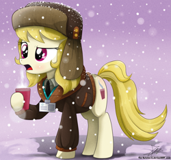 Size: 1871x1742 | Tagged: safe, artist:the-butch-x, character:march gustysnows, species:pony, blushing, clothing, coat, coffee, female, hat, mare, open mouth, snow, snowfall, solo, ushanka